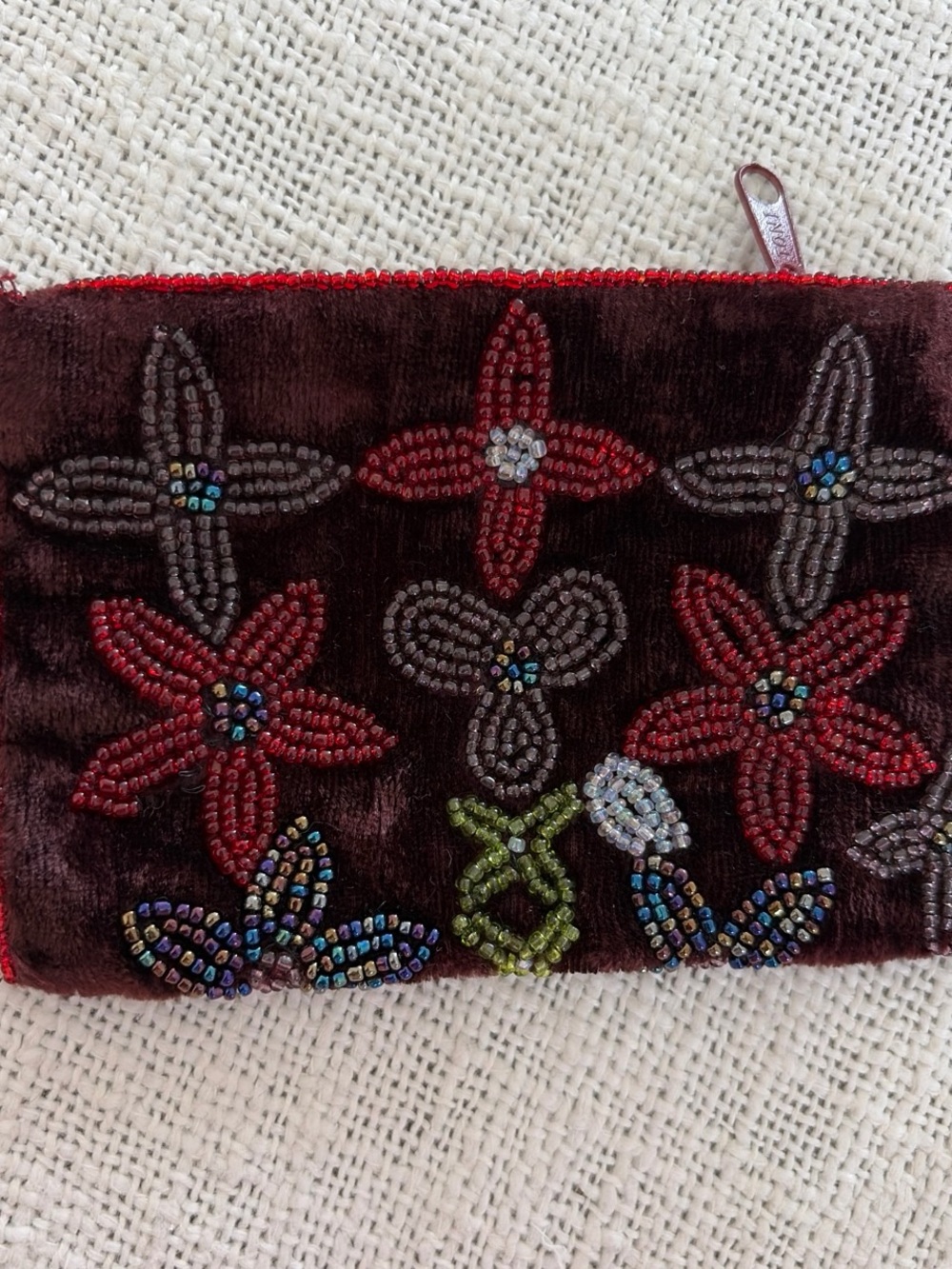 Beaded Floral Velvet Pouch in Dark Brown and Red